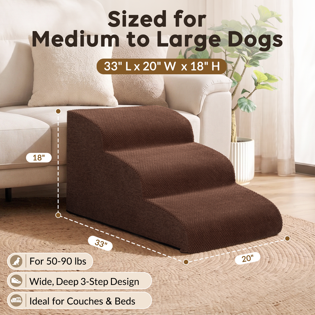 Dog Stairs for Large Dogs, 18" H Pet Ramp for Couch & Bed, Extra Wide Steps, Large & Senior Pet Stairs Up to 90 lb,Non-Slip Bottom, Brown