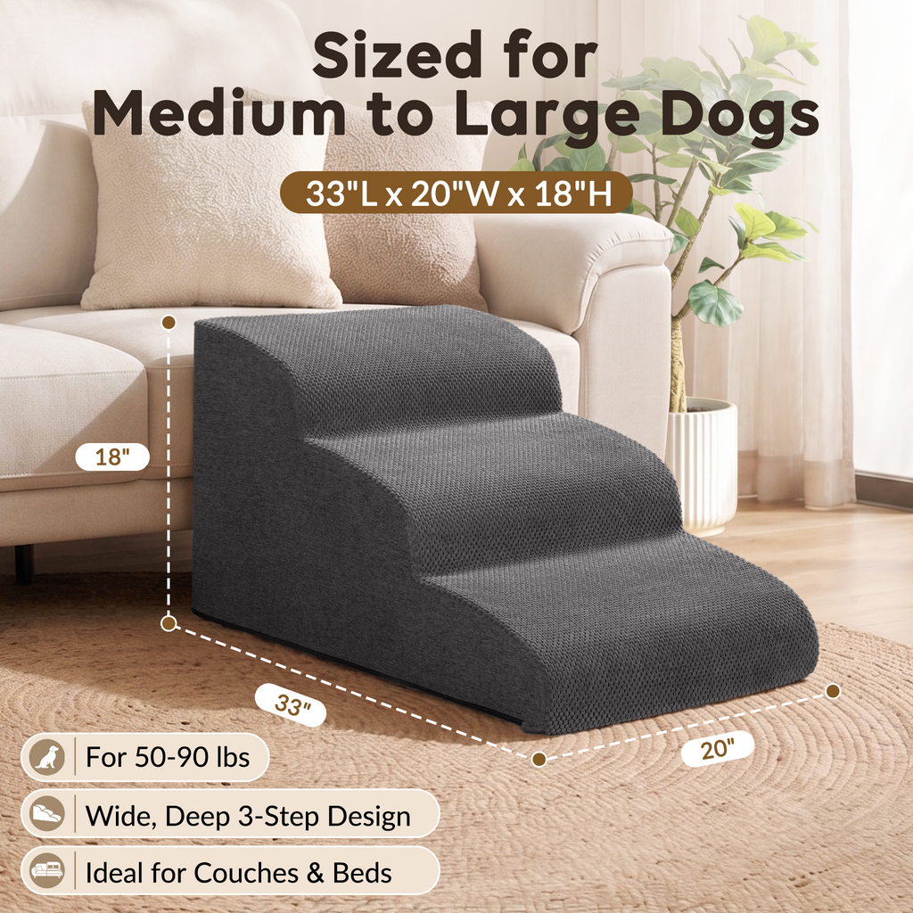 Dog Stairs for Large Dogs, 18" H Pet Ramp for Couch & Bed, Extra Wide Steps, Large & Senior Pet Stairs Up to 90 lb,Non-Slip Bottom, Grey