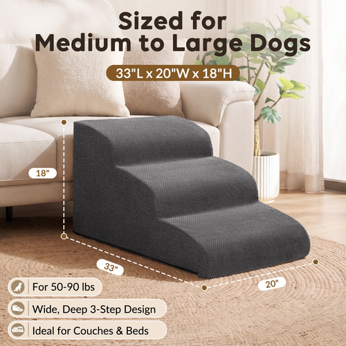 Dog Stairs for Large Dogs, 18" H Pet Ramp for Couch & Bed, Extra Wide Steps, Large & Senior Pet Stairs Up to 90 lb,Non-Slip Bottom, Grey