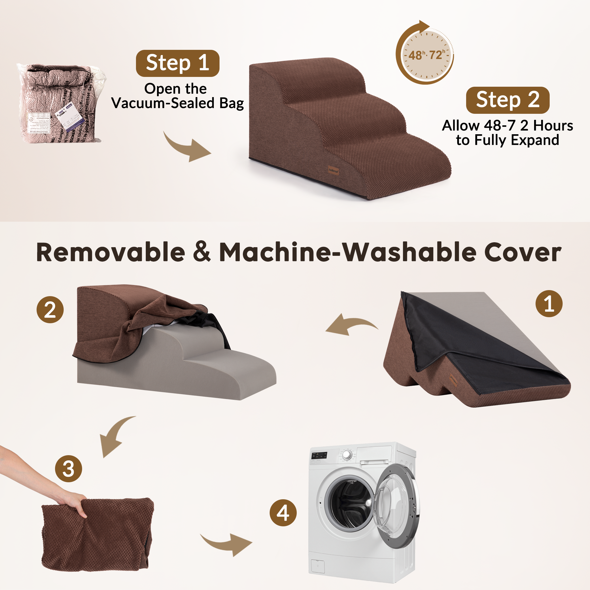 Dog Stairs for Large Dogs, 18" H Pet Ramp for Couch & Bed, Extra Wide Steps, Large & Senior Pet Stairs Up to 90 lb,Non-Slip Bottom, Brown