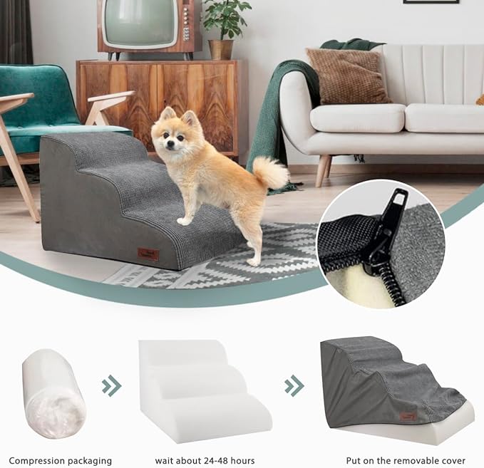 3 Tiers Dog Ramp and Stairs for Beds Or Couches - Non-Slip Sturdy Pet Steps - for Small Dogs to get on High Bed